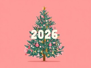 2026 Christmas Tree Card Design with Pastel Pink Background, Flat Paper-Cut Style Vector Illustration
