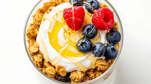 Delicious parfait with fresh berries and honey.