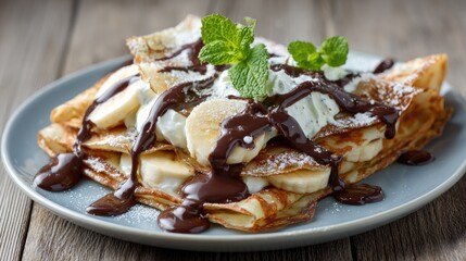 Stack of crepes with bananas, chocolate sauce, and whipped cream.
