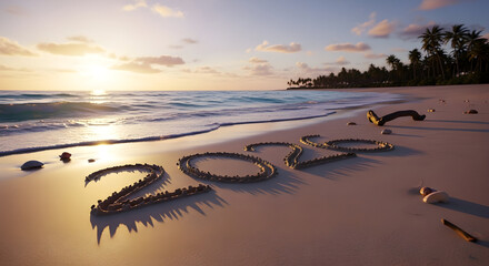 Golden sunset paints the tropical beach as the year 2020 is etched into the sand signaling a new beginning