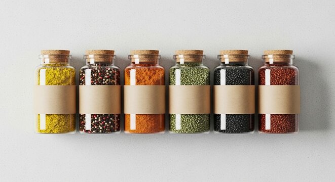 Six Small Glass Bottles Filled With Colorful Spices And Herbs Lined Up