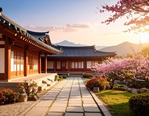 Naklejka premium Traditional Korean house courtyard features stone pathways and tiled roofs