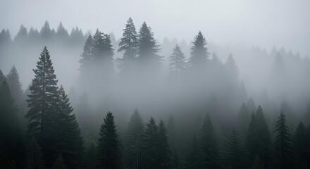 A dense, gray fog rolling through a giant redwood forest in California