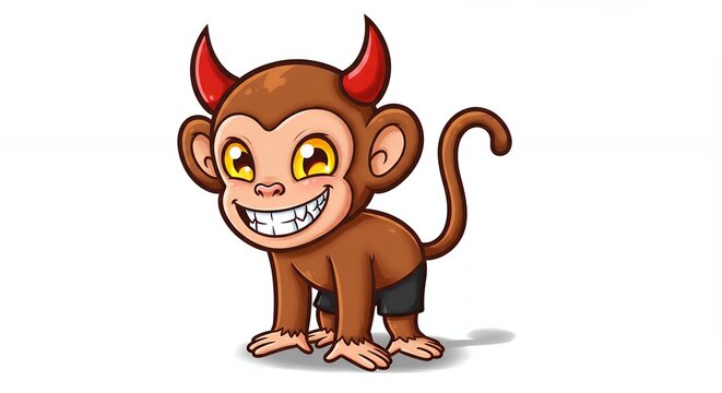 Cartoon monkey character with devil horns and an excited expression isolated on white background