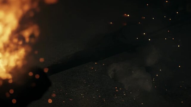 Burning fire flames with glowing flying sparks