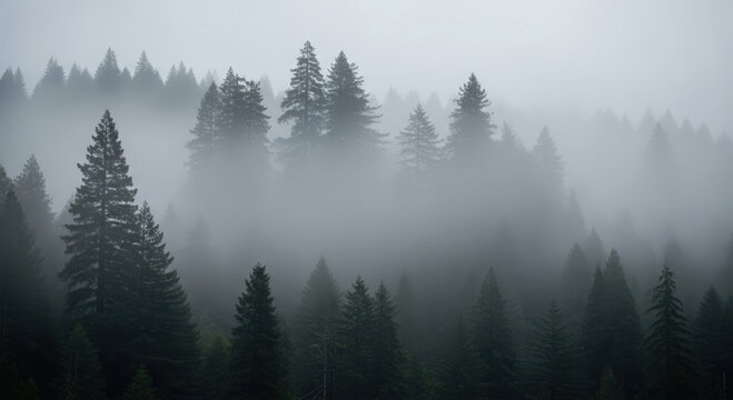 A dense, gray fog rolling through a giant redwood forest in California