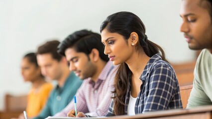 Indian college students in classroom — attentively listening to lecturer and taking notes, symbolizing learning and focus