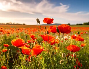 Naklejka premium Vibrant poppy field at sunset (1)