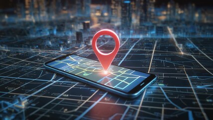 Smartphone displaying digital map with prominent red location pin, glowing cityscape grid in background—symbolizing GPS navigation, mobile tracking, and tech-driven urban positioning. - Powered by Adobe
