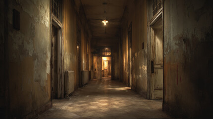Fototapeta premium Dark Abandoned Hallway With Peeling Walls
