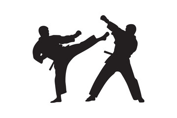 Two silhouetted figures engage in martial arts combat against a white background