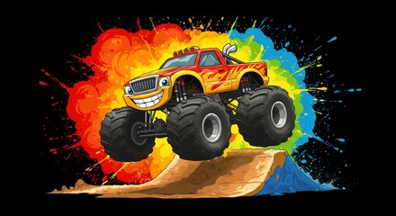 Cartoon monster truck on colorful splashes against dark backdrop