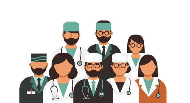 A diverse team of dedicated medical professionals, including doctors and nurses, depicted in a clean, modern illustration, symbolizing collaborative healthcare, essential services, and a united