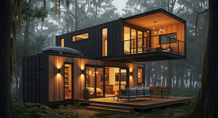 Modern two-story house in forest with wooden and black exterior