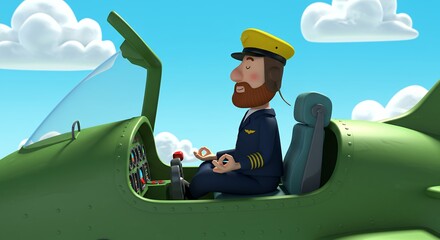 Cartoon pilot in airplane cockpit against a blue sky with white clouds