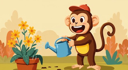 Cheerful monkey watering flowers in a garden illustration