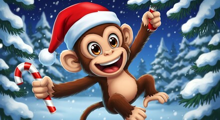 Festive cartoon monkey celebrating in snowy winter scene with holiday decorations