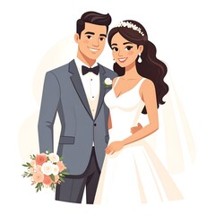 Smiling couple in wedding attire.  A man and woman, happily posed,  wearing formal wedding outfits.  A bouquet of peach and white flowers is held by the bride.  Soft, light background
