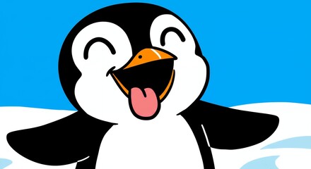 Happy cartoon penguin with open arms and smiling expression on a blue background