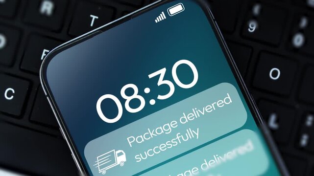 Package delivered successfully notification appearing on the screen 4k footage with laptop in the backdrop, close up. Ecommerce, cargo, delivery
