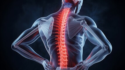 Human Spine and Skeleton with Red Pain Highlights