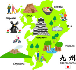 九州旅行、手描きの観光スポットと観光客フラットイラスト