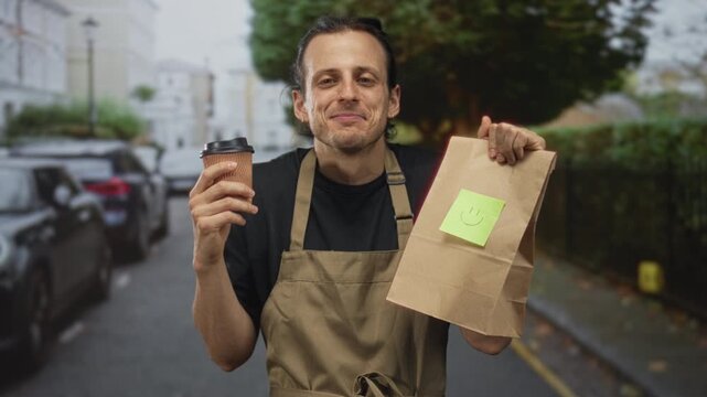 Man holding coffee cup and paper takeaway bag on busy city street with smile and apron; cheerful small business.