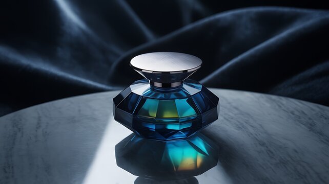 Luxurious Blue Perfume Bottle on Marble Surface