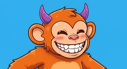 Smiling cartoon character with horns on blue background