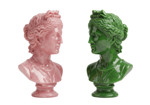 Isolated pair of Roman bust statues, one pink and the other green, facing each other slightly