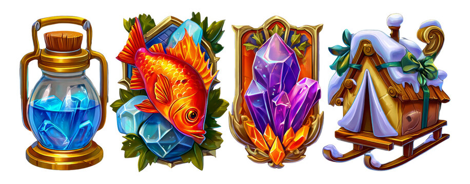 Vibrant Illustrations of Lantern, Fish, Crystals, and Sledding Scene