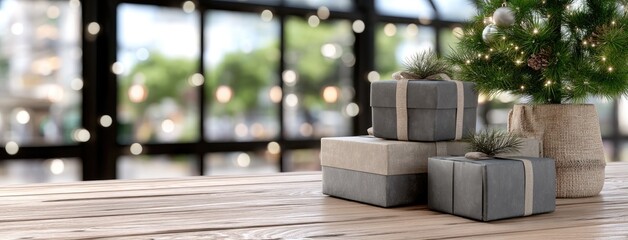 Holiday gifts arranged on a wooden table next to a decorative tree with lights in a cozy indoor setting during the festive season