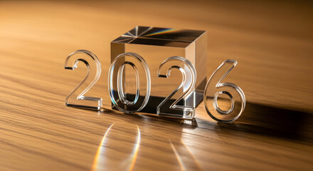 Transparent glass numbers forming the year 2016 with a blurred box behind on a wooden surface
