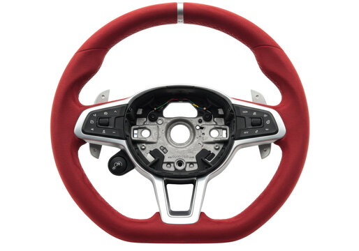 Isolated automotive red steering wheel interior auto part for racing or replacement