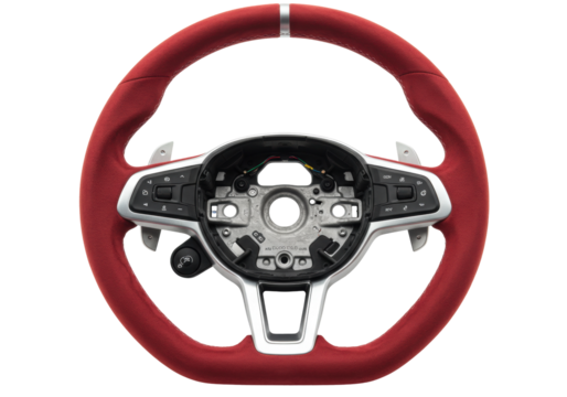 Isolated automotive red steering wheel interior auto part for racing or replacement