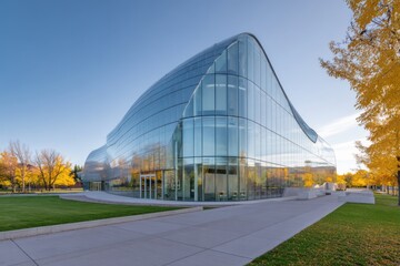 Innovative Glass Building at the University Campus During the Daytime