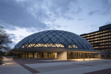 Futuristic University Auditorium With Glass Dome at Dusk on Campus