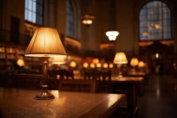 Empty Library Reading Room at Night on a University Campus With Table Lamps on Desks