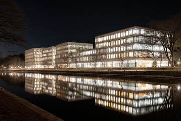 Modern University Buildings Reflected at Night on Campus Near Water