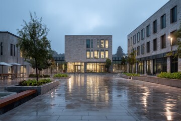 Minimalist Architecture Shines at University Campus After Rain at Night, Enhancing the Modern Courtyard