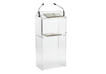 Isolated modern acrylic lectern, pulpit, rostrum or podium, with microphone stand alone