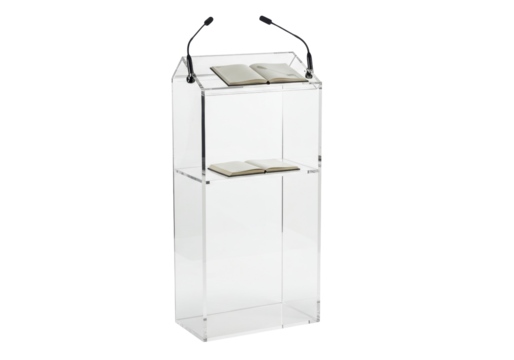 Isolated modern acrylic lectern, pulpit, rostrum or podium, with microphone stand alone