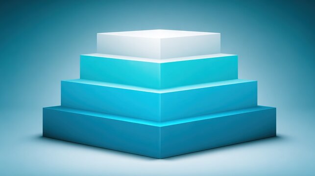 Blue gradient pyramid with glowing top tier, symbolizing progress, growth, and digital hierarchy in a minimalist geometric 3D abstract composition