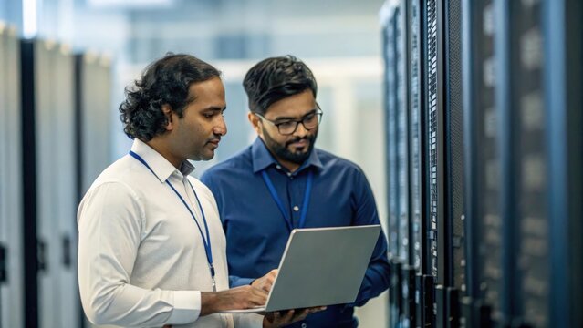 Indian tech specialists collaborating on server management — standing by rack cabinets with cloud computing visualization
