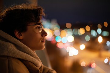 Student Contemplates City Lights at Night on University Campus With Hope and a Little Nervousness