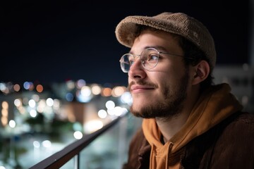 Student Gazes at Cityscape From University Campus on a Dark Night, Contemplating Future