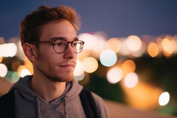 Student Contemplates Urban Landscape at University Campus During Evening Hours