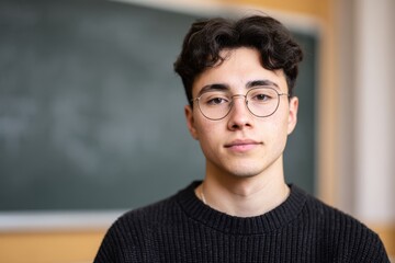 Student With Glasses Stands on University Campus With Neutral Expression