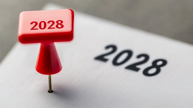 2028 Date Marked: A red push pin marks the year 2028 on a white calendar or planner page, symbolizing future planning and goals.