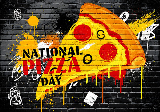 National pizza day celebration with a slice of pizza and graffiti